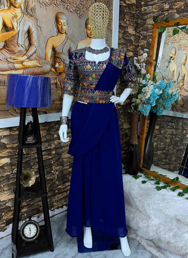 Faux Georgette Blue Party Wear Embroidery Work Readymade Saree